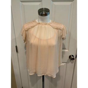Flannel Bayonet Blush Pink Silk Ruffle & Studded Short Sleeve Top, Size 2 NWT